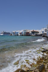 Beautiful Views Of The Neighborhood Of Little Venice With Its Idilicos Restaurants In Chora Island Of Mikonos .Arte History Architecture July 3, 2018. Chora, Island Of Mikonos, Greece.