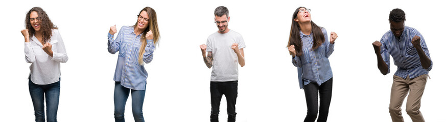 Group and team of young business people over isolated white background very happy and excited doing winner gesture with arms raised, smiling and screaming for success. Celebration concept.