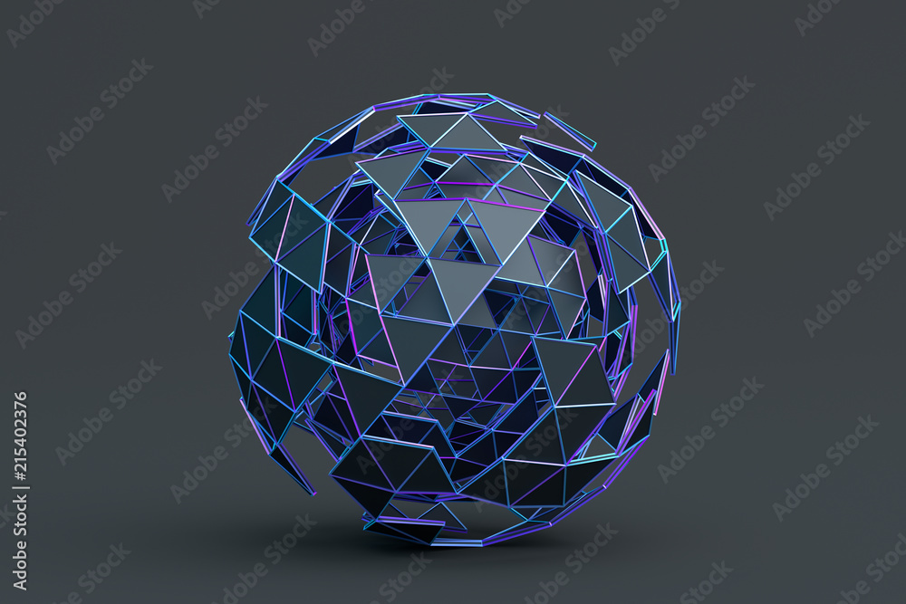 Wall mural abstract 3d rendering of polygonal sphere. geometric shape, futuristic modern background design for 