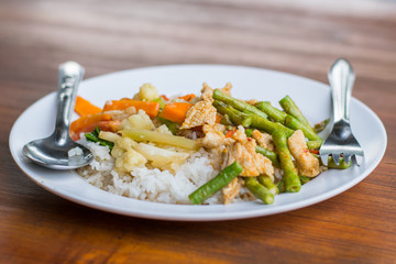 Stirred vegetables on jasmine rice