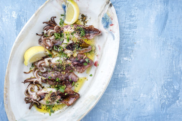 Traditionell gegrillte griechische Calamari mit Käutern und Zitrone als Draufsicht auf einem Teller mit Textfreiraum rechts © HLPhoto