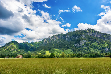 Fototapeta premium Idyllic landscape in the Alps with green meadows and clouds