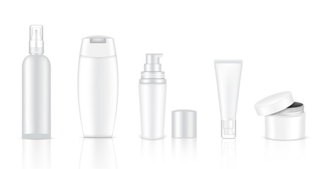 Mock up Realistic White Cosmetic Soap, Shampoo, Cream and Spray Bottles Set Background Illustration