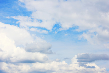 Clouds in Blue Sky Summer Nature Wallpaper. Fluffy Sky Background Cloudscape with Many Stormy Clouds. Scenic View of Blue Pale Light Sky, Cloudy Weather Climate Image.