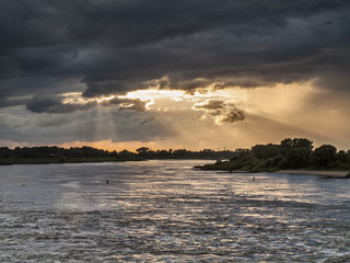 Dramatic evening sky over the River Elbe near Geesthacht in Lower Saxony, North Germany.