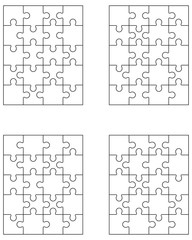 Vector illustration of six different white puzzles, separate pieces