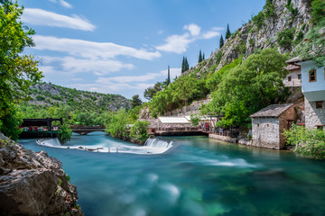 Fototapeta na wymiar Beautiful village Blagaj and waterfall on Buna spring and waterfall in Bosnia and Herzegovina