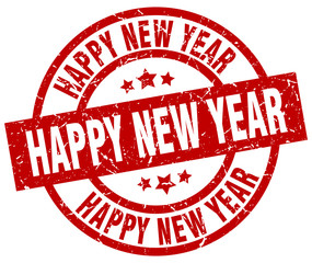 happy new year round red grunge stamp