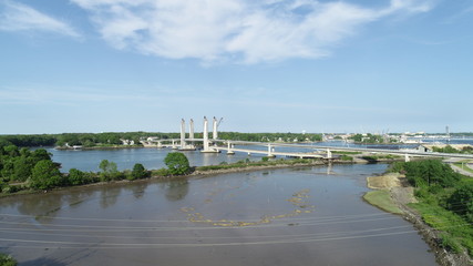 Aerial view of a white bridge in Portsmouth.