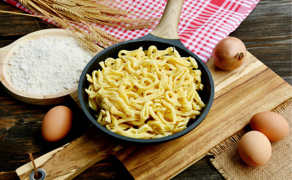 Spätzle  are a kind of soft egg noodle  also Spätzli or Chnöpfli in Switzerland or Knöpfle or Hungarian Nokedli, Csipetke or Galuska.