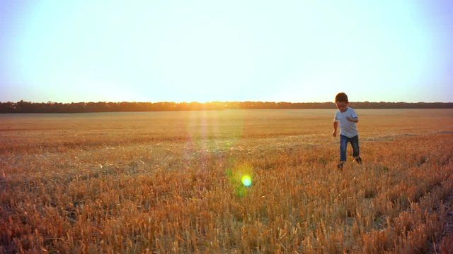 Happy child running on a Golden field of wheat at sunset. Cheerful smiling boy playing in nature in summer. The concept of family and freedom.