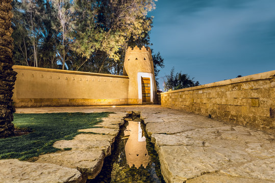 Diriyah Old city in Night in the dark , Al Bujairi , Riyadh , KSA - Saudi Arabia (Aldereya - Traif) Heritage village &ndash; AlDiriyah Buildings