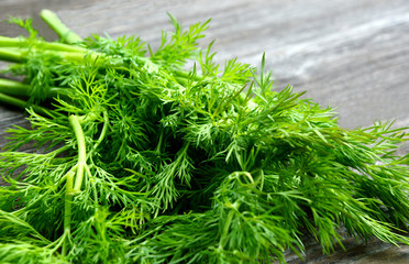Fresh Dill on wooden background. Healthy and Benefit of Dill.