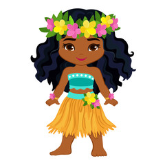 Cute cartoon girl in traditional Hawaiian dancer costume.
