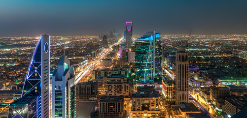 Saudi Arabia Riyadh landscape at night - Riyadh Tower Kingdom Centre - Kingdom Tower – Riyadh Skyline - Burj Al-Mamlaka – AlMamlakah – Riyadh at night - obrazy, fototapety, plakaty