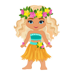 Cute cartoon girl in traditional Hawaiian dancer costume.