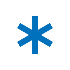 Snowflake sign. Blue Snowflake icon isolated on white background. Snow flake silhouette. Symbol of snow, holiday, cold weather, frost. Winter design element. Vector illustration