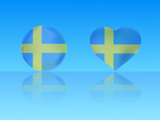 Sweden flag in glossy ball and heart with reflection on blue background vector illustration