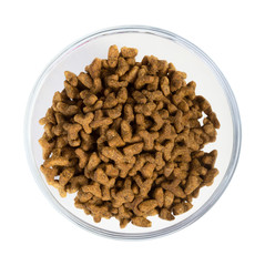 Round glass bowl with dried food for pets
