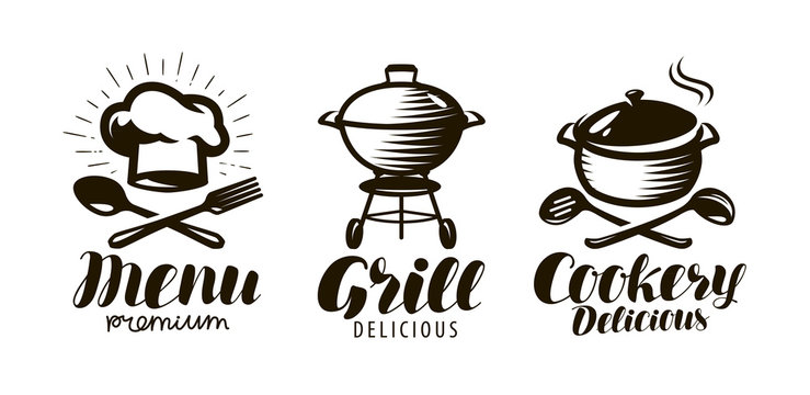 Cookery, grill, menu logo or label. Food concept. Lettering vector illustration