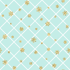 Christmas gold snowflake seamless pattern. Golden snowflakes on blue and white rhombus background. Winter snow texture wallpaper. Symbol holiday, New Year celebration. Vector illustration