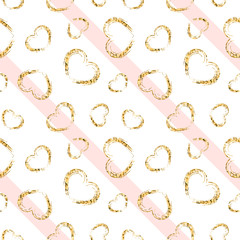 Gold heart seamless pattern. Pink-white geometric stripes, golden grunge confetti-hearts. Symbol of love, Valentine day holiday. Design wallpaper, background, fabric texture. Vector illustration