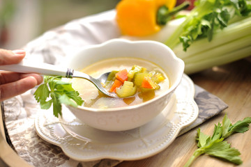 vegetable soup, summer food with vitamins. Copy space,