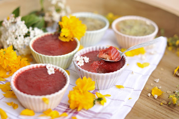 strawberry pudding, delicious summer berry dessert, copy space.