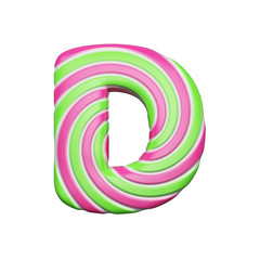 Sweet alphabet letter D. Christmas font made of pink and green spiral striped lollipop. 3D render isolated on white background.