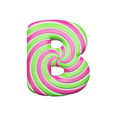 Sweet alphabet letter B. Christmas font made of pink and green spiral striped lollipop. 3D render isolated on white background.