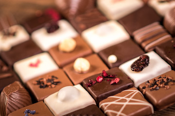 Assortment of fine chocolate candies, white, dark and milk chocolate
