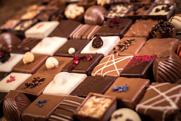Assortment of fine chocolate candies, white, dark and milk chocolate
