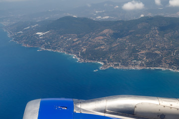 The coastline of the famous resort in Turkey, Antalya. View from the airplane window