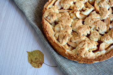 Homemade apple pie. Autumn food and dessert. Copy space