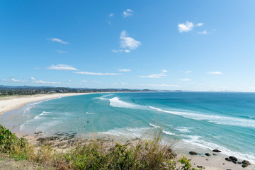 Fototapeta na wymiar Coolangatta lookout view along white beach to Surfer's Paradise in distance