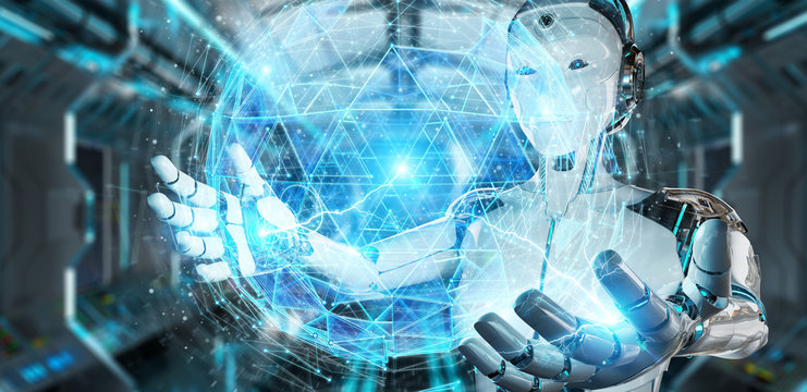 White robot woman using digital sphere connection hologram 3D rendering