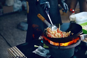 Aluminium Prints meal dishes Cooking Food On Fire On Street Festival