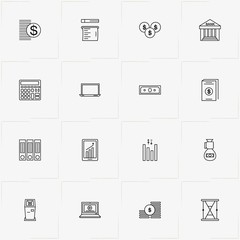 Banking line icon set with cash dispenser, money bag and check