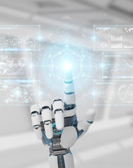 White cyborg hand using digital datas interface 3D rendering - obrazy, fototapety, plakaty