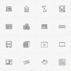 Banking line icon set with graphics, money box and safe