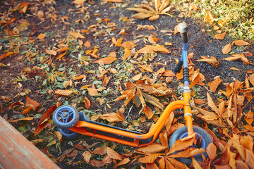 children's scooter lies on a playground in yellow leaves