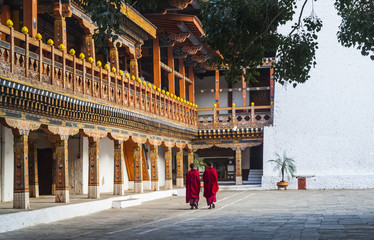Monks at Punakha Dzong, Bhutan - obrazy, fototapety, plakaty