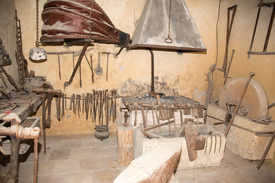 Medieval old tools of the blacksmith workshop