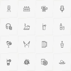 Bar line icon set with loudspeaker column, cognac and microphone