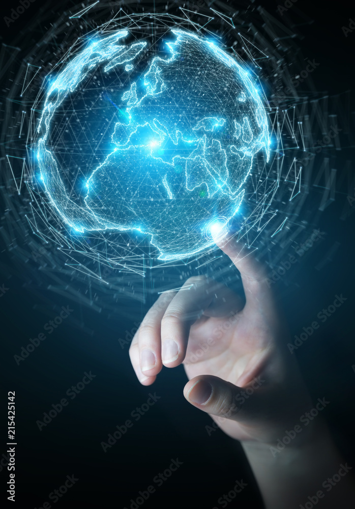 Sticker businesswoman using globe network hologram with europe map 3d rendering