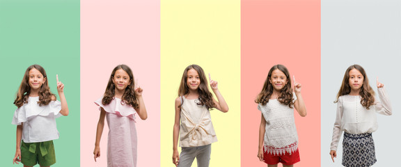 Collage of brunette hispanic girl wearing different outfits showing and pointing up with finger number one while smiling confident and happy.