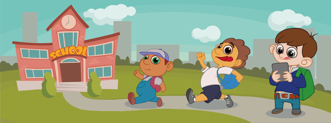 Group Of Pupils boy Mix Race going to school.vector illustration