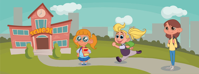 Obraz na płótnie Canvas Group Of Pupils girl Mix Race going to school.vector illustration