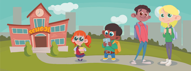 Obraz na płótnie Canvas Group Of Pupils Mix Race going to school.vector illustration