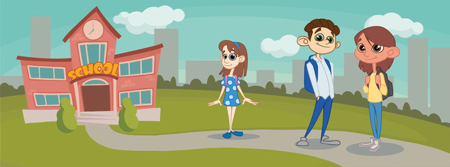 schoolchildren near schools. vector illustration. background school